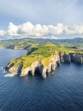 Cape Cintrao, Cliffs, Green Lush Hills, Fields, Pasturelands and Atlantic Ocean. Azores, Sao Miguel