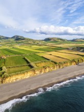 Santa Barbara Beach, Green Lush Fields with Pasturelands and Atlantic Ocean. Azores, Sao Miguel