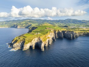 Cape Cintrao, Cliffs, Green Lush Hills, Fields, Pasturelands and Atlantic Ocean. Azores, Sao Miguel