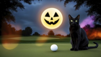 A black cat sits by a golf ball under a glowing jack-o'-lantern moon in a shadowy landscape on