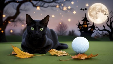 A black cat sits beside autumn leaves and a golf ball, with a full moon and haunted house in the