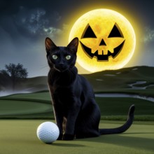 A black cat sits on putting green near a golf ball under a glowing jack-o'-lantern moon in a dark,