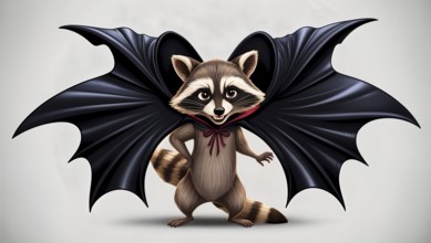 Cartoon raccoon wearing a black cape that flutters in the wind like the large wings of a bat,