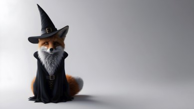 A witch fox with a wizard hat and black cape, dressed up for Halloween, on neutral background with