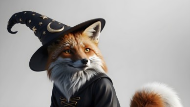 A fox wearing a black wizard hat with stars and a crescent moon, and a cloak, exuding a whimsical