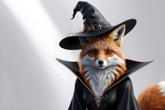 An elegant and mysterious fox wizard wearing a witch hat and black cloak decorated with golden