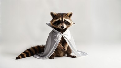 Raccoon dressed as a ghost for a Halloween party, wearing a white cloak with a small bow, against a