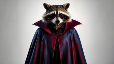 Raccoon vampire in a dramatic portrait with a red and blue cape, serious expression. AI generated