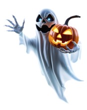 A ghost holding a glowing jack-o'-lantern with an eerie expression against a white background. AI