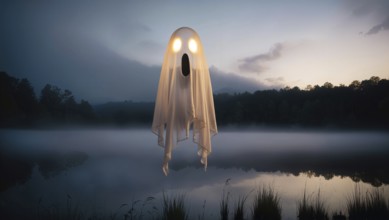 A ghost with glowing eyes hovers above a calm lake on Halloween night. Mist rolls over the water as