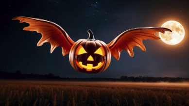 A jack-o'-lantern ghost with bat wings flying above a golden wheat field on Halloween night. The