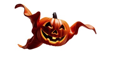 A cheerful jack-o'-lantern with a friendly grin and swaying ghostly drapes floats in the air on