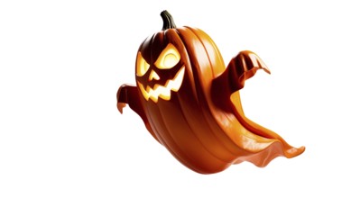A glowing pumpkin ghost with a mischievous grin floats on white background. Its eerie glow adds a