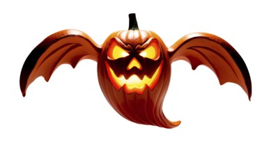 A glowing jack-o'-lantern pumpkin carved like a ghost with bat wings flying on a white background.