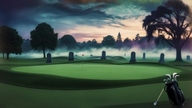 A misty golf course sets the scene for Halloween night. Ghostly fog blankets the ground while