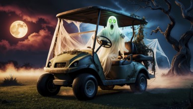 In a dark, eerie setting, a ghostly figure with a glowing green face is seen driving a golf cart