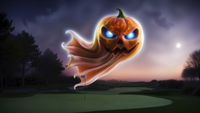 A flying jack o lantern ghost hovers above a golf course at night on Halloween, illuminated by