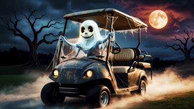 A ghostly figure in a white sheet drives a golf cart through a misty, eerie scene at night. The