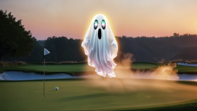 A ghost appears above a golf course, surrounded by fog. The scene shows a golf ball, flag, with