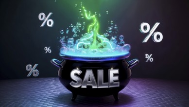 A black cauldron bubbles with a glowing potion, surrounded by animated percent signs. A shiny sale