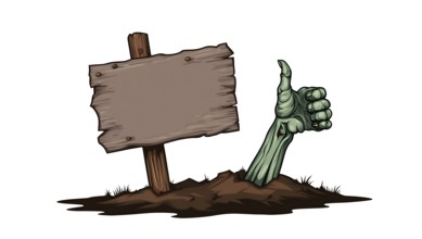 A zombie hand emerges from the grave soil, showing a thumbs up gesture beside a blank wooden sign.