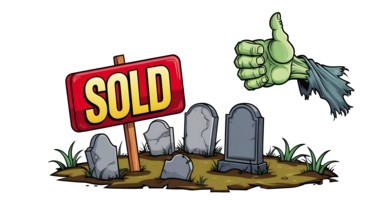 A cartoon scene shows a graveyard with several tombstones, a sold sign, and a green zombie hand