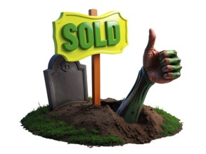 Humorous 3D cartoon illustration of a zombie hand giving thumbs up from the ground next to a grave