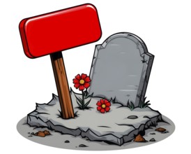 A red sign on a signpost stuck in the adorned with red flowers grave, leans against a concrete