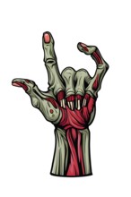 A zombie hand with green, decaying skin, revealing ligaments, tendons, muscles, is making the rock