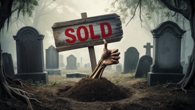 A graveyard at dusk shows a wooden sign with the word sold, and a zombie hand emerging from the
