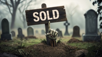 Zombie hand emerging from the ground points to a sold sign on a gravestone in a cemetery.