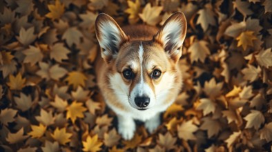 Cute corgi puppy sitting on fallen autumn leaves, looking up, top view from above. AI generated
