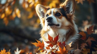 A corgi dog lying in fallen autumn leaves in the park, surrounded with red and orange foliage. AI