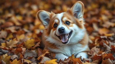 A playful corgi enjoys an afternoon among fallen leaves, surrounded by warm autumn colors. AI