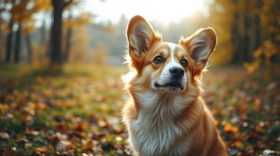 Welsh corgi sitting in a vibrant autumn park with gentle rain and warm colors, bokeh background