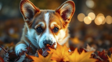 Corgi puppy on autumn leaves in a colorful park during the fall season, bokeh background with