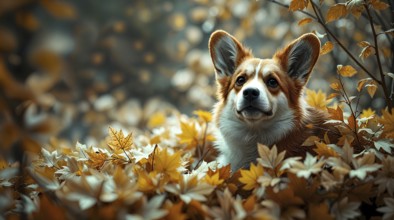 A corgi rests comfortably among an array of pale autumn leaves, surrounded by warm colors in a