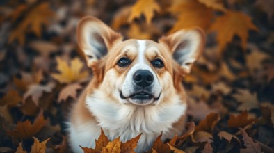 Corgi enjoying fallen autumn leaves, looking up at the camera, overhead shot from above, dreamy