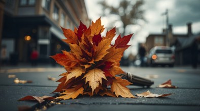 Vibrant autumn leaves on the pavement, contrasting with the dramatic weather. Blurred figures and