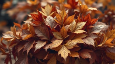 Bouquet of vibrant autumn leaves displaying warm colors against a soft autumn backdrop. AI