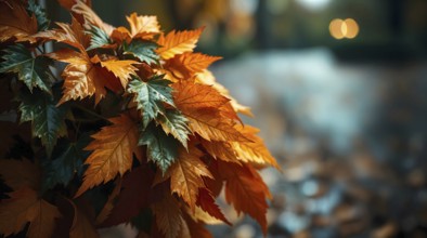 Bouquet of vibrant wet leaves collected in a park under overcast skies after a refreshing rain