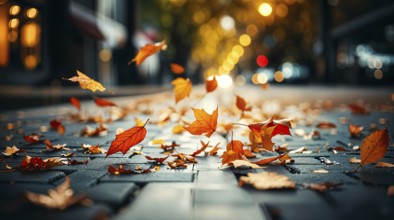 Colorful autumn leaves swirl gracefully over a cobbled street, illuminated by soft warm lights, the
