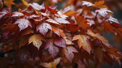 A bouquet of vibrant wet autumn leaves showcases rich hues of red and orange, glistening in the