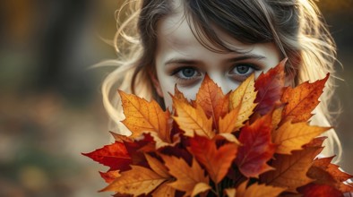 Girl stands in a park, obscuring her face with a bright bouquet of autumn leaves, copy space. AI