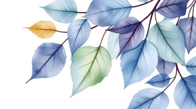 Delicate watercolor painting of an autumn leaves on branch in cool colors on white background. AI