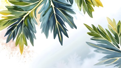 Green leaves in watercolor style, highlighting their unique shapes and textures against a stark