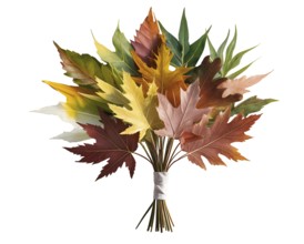 A vibrant bouquet made of various autumn leaves in rich colors, showcasing hues of red, yellow, and