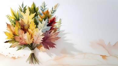 Painted bouquet of colorful autumn leaves in hues of red, orange, yellow, and green, watercolor