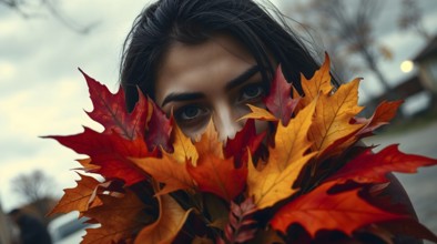 In a picturesque autumn setting, a young woman with olive skin peeks through a bouquet of vivid