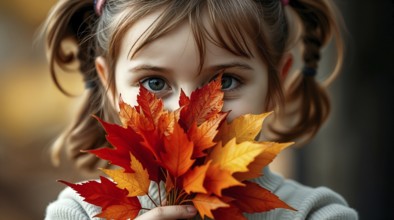 In a serene outdoor setting, a little girl with pigtails cherishes a vibrant bouquet of autumn